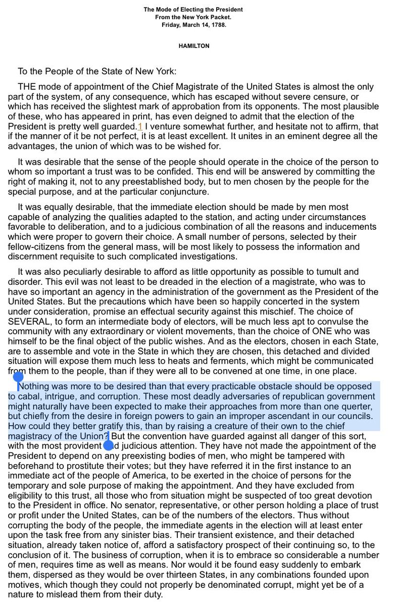 realJennaEllis's tweet photo. Read Federalist 68 by my man Alexander Hamilton, and why our constitutional republic protects our mode of appointing our President against corruption and foreign influence.

Our founders embedded safeguards for such a time as this. 

https://t.co/7pH3oIUD0N https://t.co/h3CX2QQPkX
