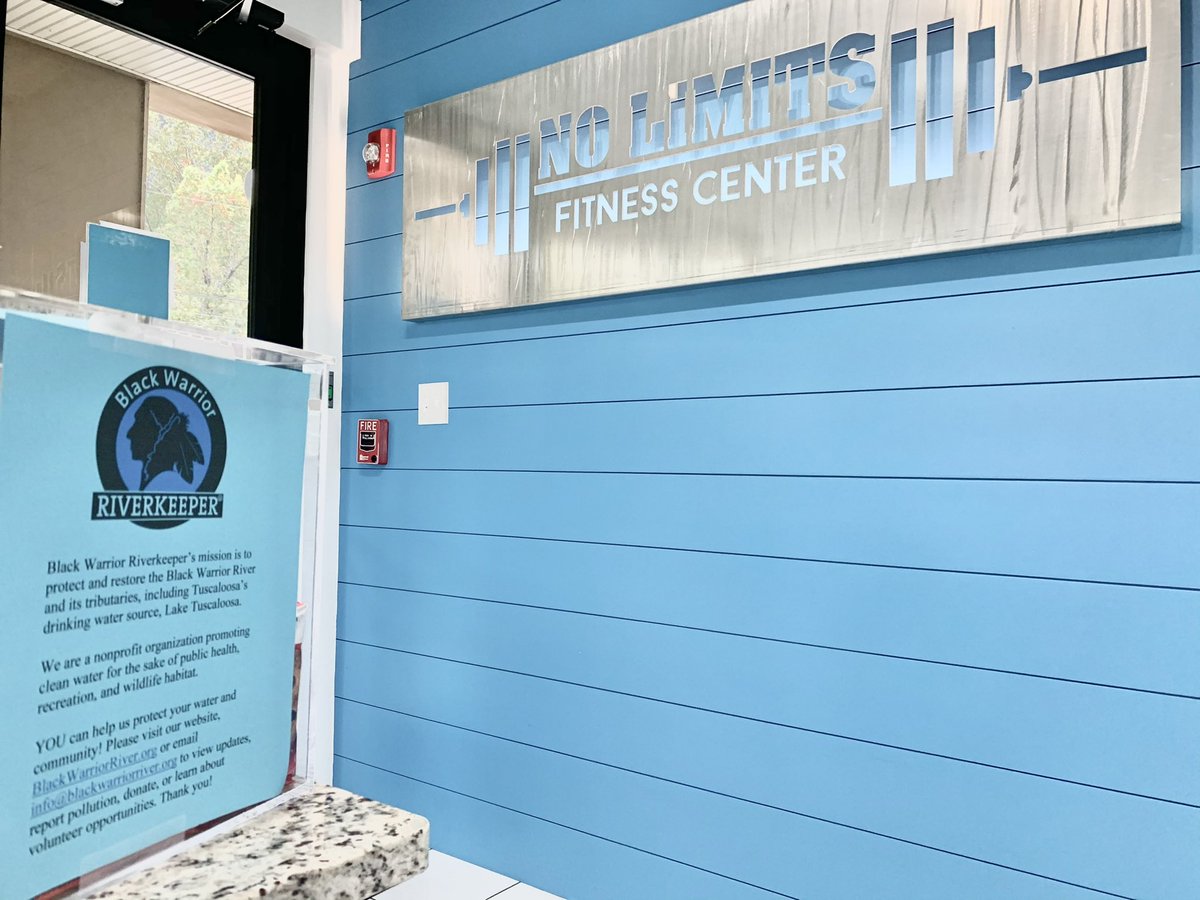 BWRiverkeeper's tweet photo. No Limits Fitness Center in Tuscaloosa is now our favorite gym as they put posters about our mission and service opportunities all over their stellar facility, which features great views of the Black Warrior River!
https://t.co/KzDEr31ugH #DefendRivers #NoLimits #PollutersBeware https://t.co/mXvvO51vY9