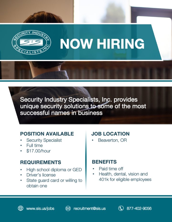 Ag_brennan's tweet photo. Check out the latest opening at SIS in #Beaverton, OR. https://t.co/WJaJ1uyuu3

#securityjobs #securityguard  #nowhiring #ApplyNow #Jobs #Hiring #HIRINGNOW #Thursday #career #JobSearch #jobfairy #Portland #Oregon #westcoast https://t.co/Mf2LapM9Cp