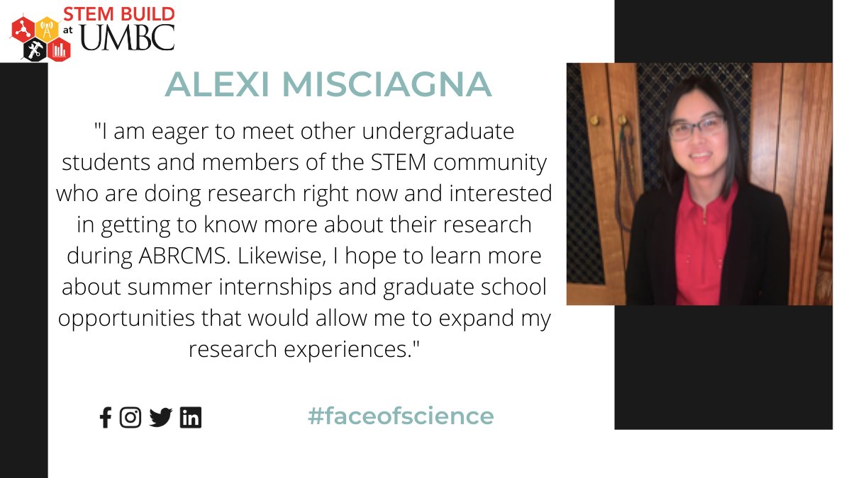 STEMBUILDUMBC's tweet photo. If you're attending #ABRCMS2020 connect with our amazing student Alexi Misciagna!
#FaceofScience #STEMBUILD #UMBCproud https://t.co/wFSZyB9Cls