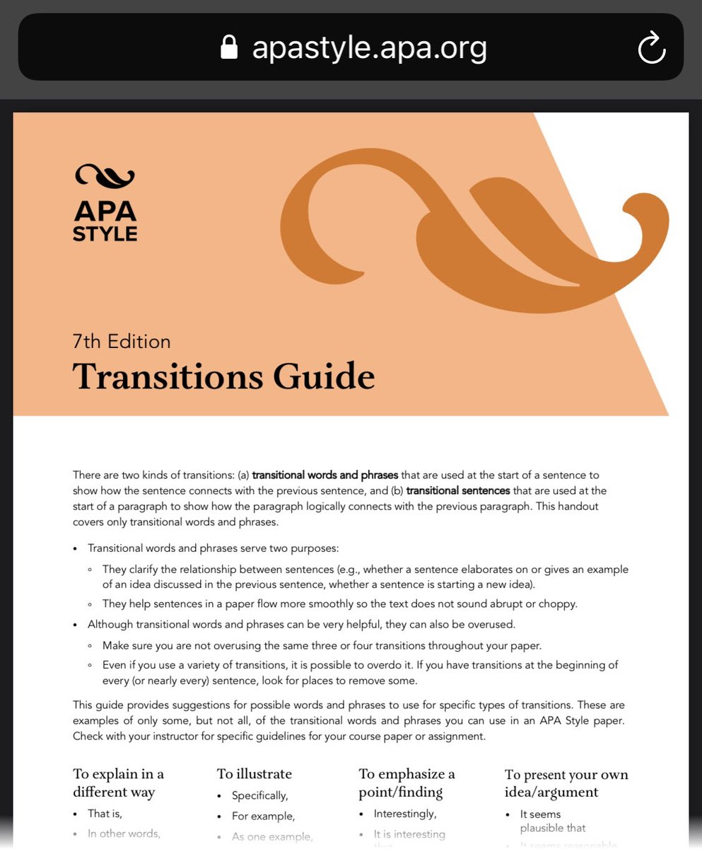 APA Style on X: Transitional words and phrases serve two purposes: They  clarify the relationship between sentences, and they help sentences in a  paper flow more smoothly. Our transitions guide provides suggestions