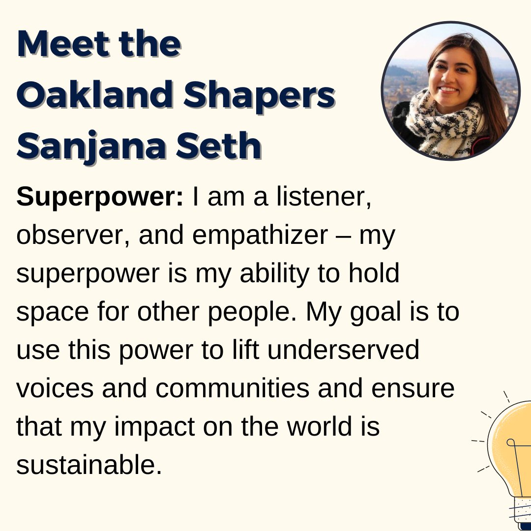 OaklandShapers's tweet photo. Meet Oakland Shaper &amp; Social Impact Analyst Sanjana Seth and check out what superpower she is using to shape the world! 

#Globalshapers 
#OaklandShapers
#ShapingOakland
#ShapingUs https://t.co/tUTT58mTRz