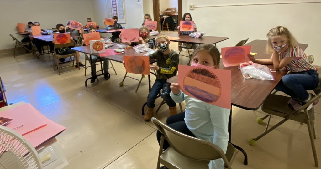 ArtAndMsG's tweet photo. We read aloud The Dot by Peter Reynolds in all four Byesville #secondgrade art classes today, then everyone created their own dot! #artclass #ColtReadAloud @jennoevancho @RHLSD_Colts https://t.co/f757YK1Ahl