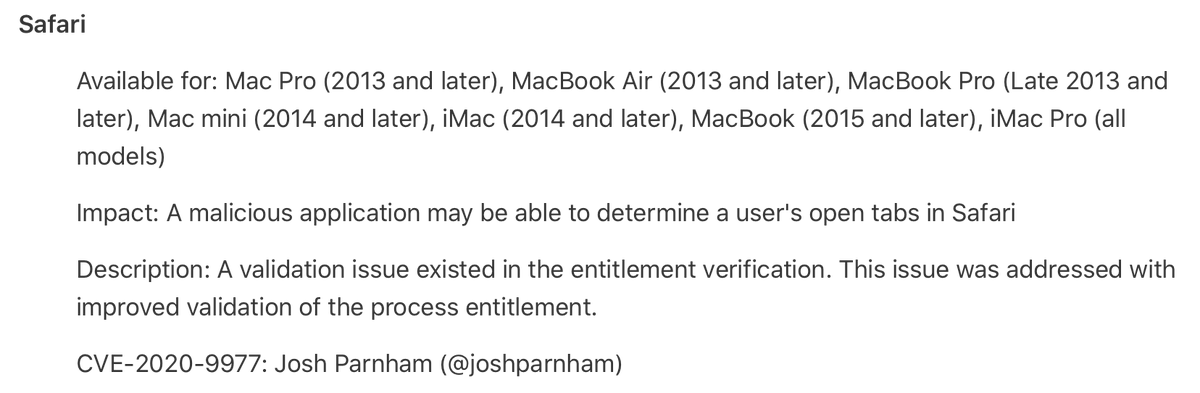 macOS Big Sur fixes my first CVE! 🎉

Thanks to Apple Product Security for making the disclosure process so great 🙌 support.apple.com/en-au/HT211931