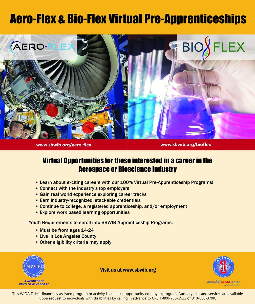 SouthBayWIB's tweet photo. National Apprenticeship Week - The Aero-Flex &amp; Bio-Flex programs provide a blended learning plan driven by employer requirements, work experience &amp; stackable credentials that are industry-recognized &amp; are additive to the Pre-Apprentice’s resume.
https://t.co/u7lDIlwevy 
#NAW2020 https://t.co/Vg54ikmcNY