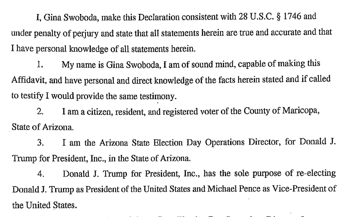 Up now is the Trump campaign's Arizona State Elections Day Operations Director Gina Swoboda.From her affidavit:  https://www.clerkofcourt.maricopa.gov/Home/ShowDocument?id=1552