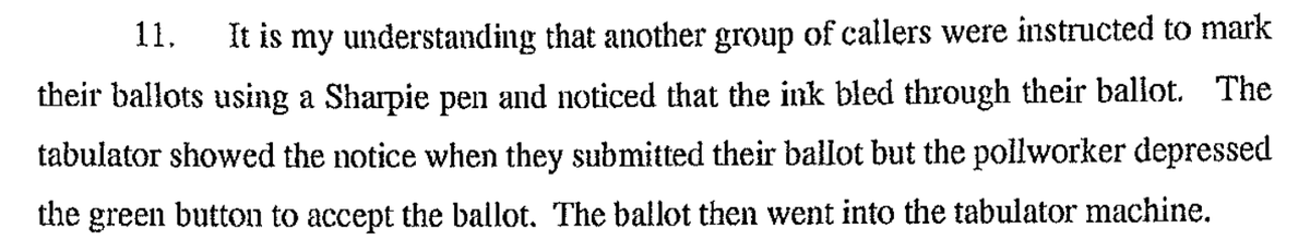 Swoboda is also an apparent Sharpiegater, attesting to a conspiracy theory that has been debunked by officials' testimony and abandoned by the Trump campaign's own lawyer who now claims it's not not to their case.(It's in their complaint and all over the affidavits.)