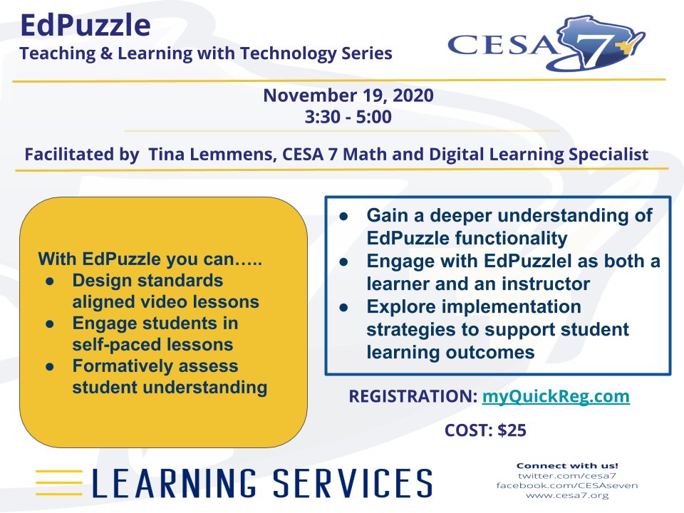 TLemmensCESA7's tweet photo. Are you looking to increase student engagement in your video lessons? EdPuzzle is the tool for you! @CESA7 #ThisIsC7

Registration:  https://t.co/1kTQdM35GX https://t.co/tKs02i3r9l