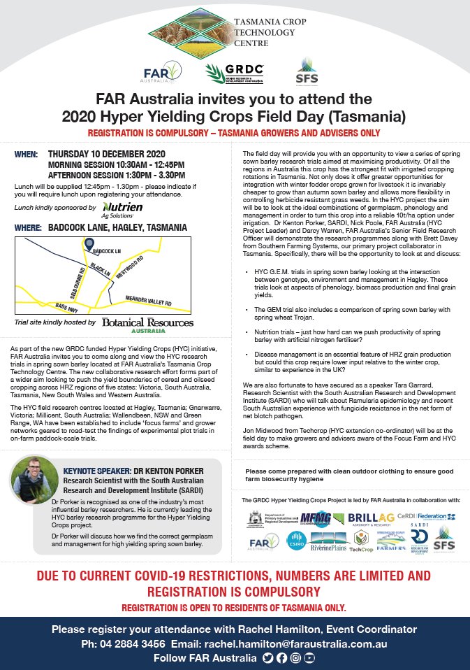 Join us at our Hyper Yielding Crops Field Day 10th December at our Tasmania Crop Technology Centre, Hagley. For more information and details on how to register, visit faraustralia.com.au/wp-content/upl…