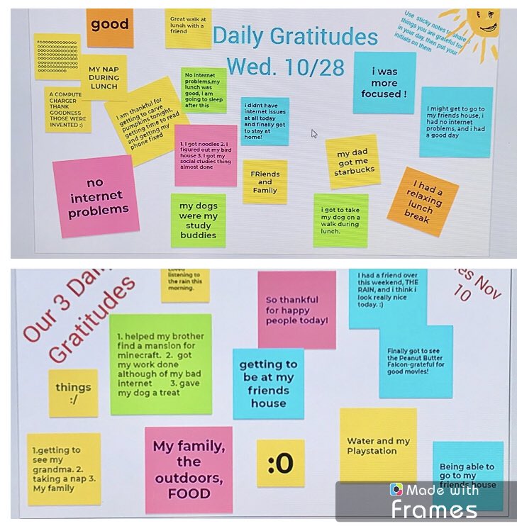 CRMcKinleyMS's tweet photo. Learners in Mrs. Noonan & Mrs. Sullivan’s Advisory class create a gratitude Jamboard each day. What are you grateful for?? Leave a comment below! #MSAsteam #wearethankful #bettertogether https://t.co/C9gHqhTPrR