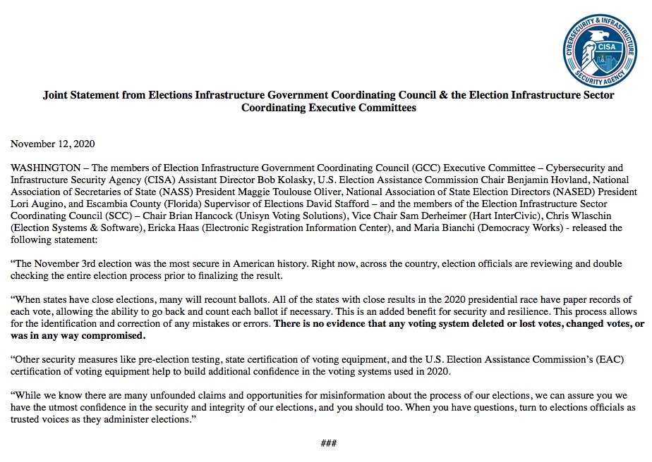 NEW: Statement on election security from DHS: 

“The November 3rd election was the most secure in American history. ... There is no evidence that any voting system deleted or lost votes, changed votes, or was in any way compromised.”