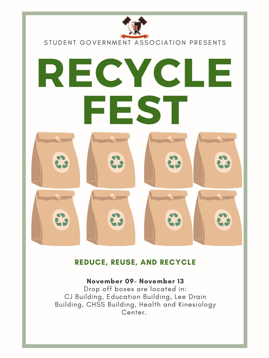 SamHouston_SGA's tweet photo. Tomorrow is the last day to donate food items or to recycle items!
The donation box is outside of the SGA office (LSC 314) and numerous locations on campus!
#SHSU
#SHSUSGA
#SGAweek
#bearkats https://t.co/esi3GLwwD1