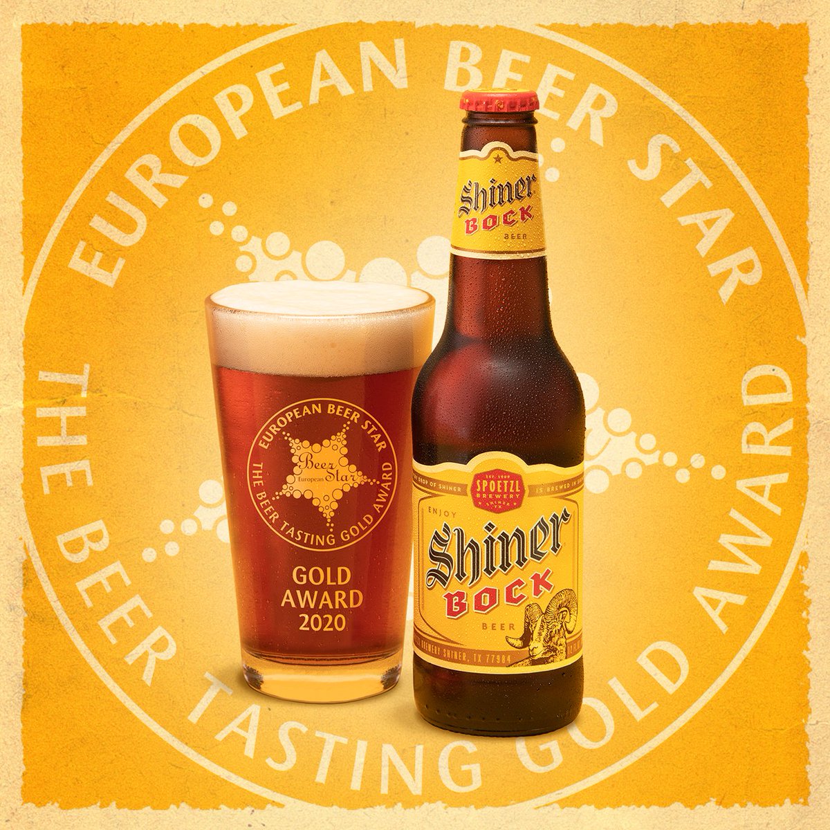 ShinerBeer's tweet photo. We’re huge in Europe!  Up against some of the best beers in the world, Shiner Bock took home a Gold Medal in the #EuropeanBeerStar competition.  Congratulations to our brewing team for their tireless commitment to quality, and of course, lots of product testing. 

 @The_Beer_Star https://t.co/KhGrtbp1rD