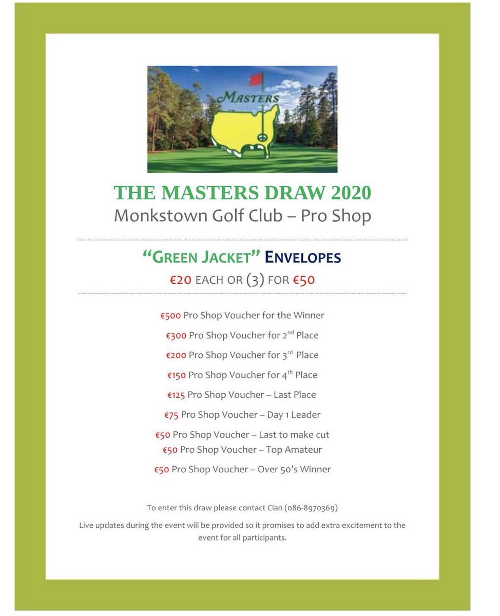 MonkstownGC's tweet photo. What a great 1st day @TheMasters lots of to play for in our members draw ! Full 1st rnd update at end of play tomorrow 👍#Masters2020 #mastersdraw https://t.co/SzTYrGnWsj