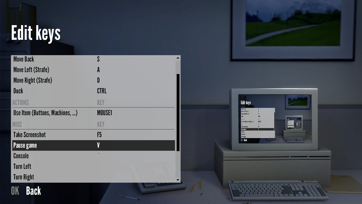 Rebindable Controls Cont.Allow players to rebind their game menu access! I cannot stress this enough! Rebindable controls are great but it doesn't help if players struggle to access the pause menu or an inventory screen. Image from The Stanley Parable by  @crowsx35/16