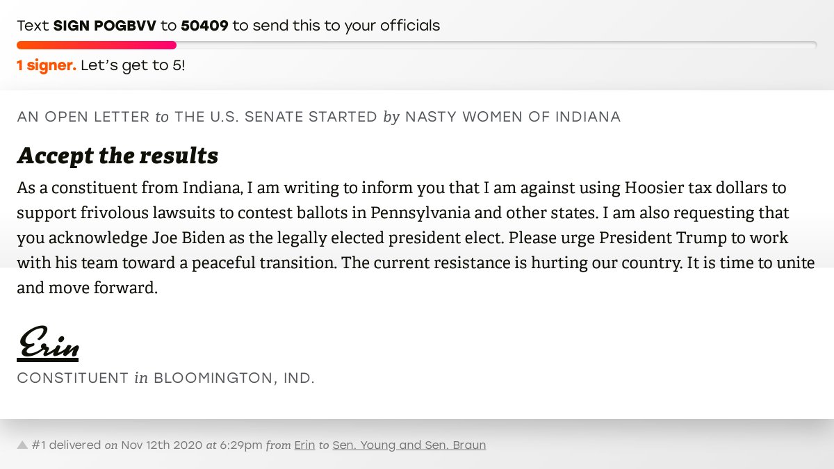 The letter subject is: Accept the results and the body is: As a constituent from Indiana, I am writing to inform you that I am against using Hoosier tax dollars to support frivolous lawsuits to contest ballots in Pennsylvania and other states. I am also requesting that you acknowledge Joe Biden as the legally elected president elect. Please urge President Trump to work with his team toward a peaceful transition. The current resistance is hurting our country. It is time to unite and move forward.