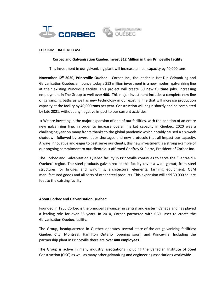 hchristodoulou1's tweet photo. Congratulations to @CorbecInc (supplier member at @CISC_ICCA for this new partnership! Bravo for this achievement! Bravo to your success! This $12 M investment in #Princeville galvanizing plant increases annual capacity by 40,000 tons. #steel #galvanizedsteel #galvanization https://t.co/BXTBeRYJEn