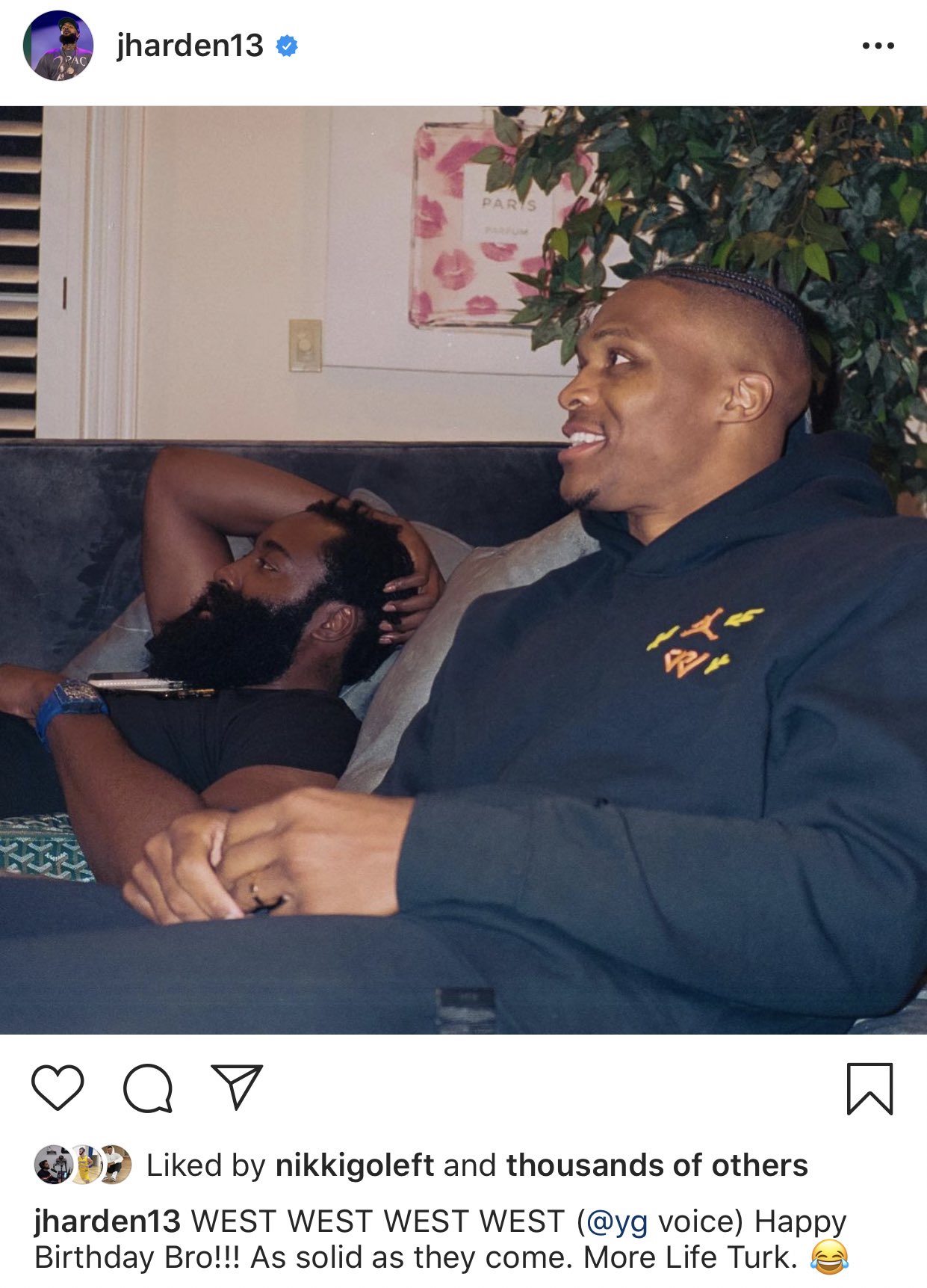  Happy Birthday Bro!!! As solid as they come. James Harden wishes Russell Westbrook HBD on IG 