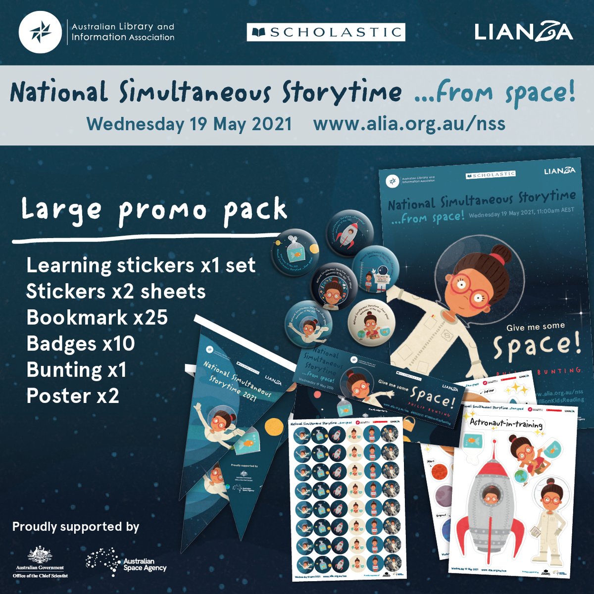 The #NSS2021 promo pack contains two posters, two sheets of stickers, 25 bookmarks, bunting, 10 badges, and 1 set of special learning stickers. 

 bit.ly/2FFerbF #1MillionKidsReading <a href="/ScienceChiefAu/">Australia's Chief Scientist</a> <a href="/ScholasticAUS/">Scholastic Australia</a> <a href="/AusSpaceAgency/">Australian Space Agency</a>