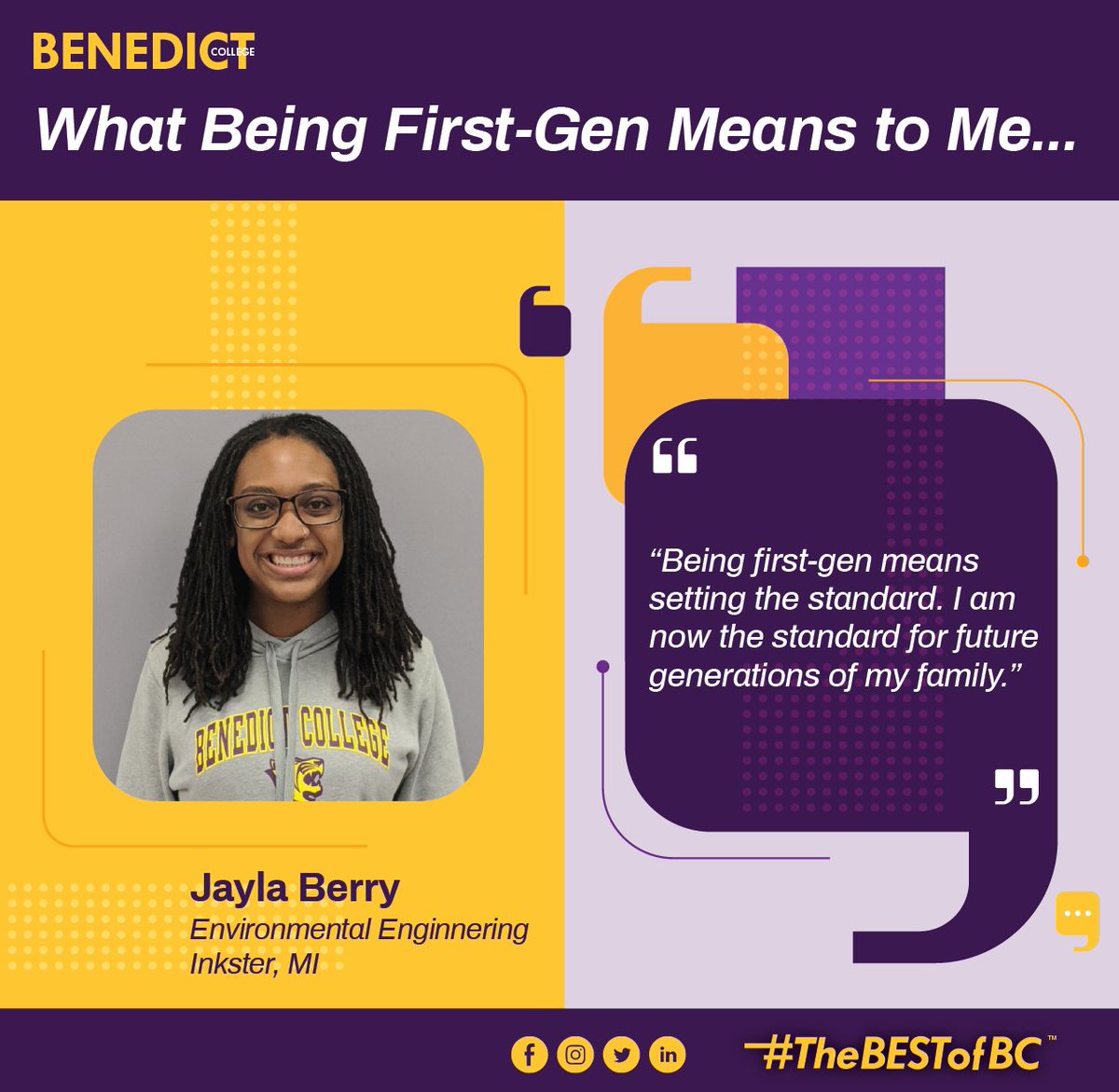 BenedictEDU's tweet image. Jayla is a first-generation student! Being first-generation is defined as "neither parent nor guardian earned a four-year college degree". Approximately 40% of Benedict Students are first-generation. #BCfirstgen #BlackFirstGen #CelebrateFirstGen