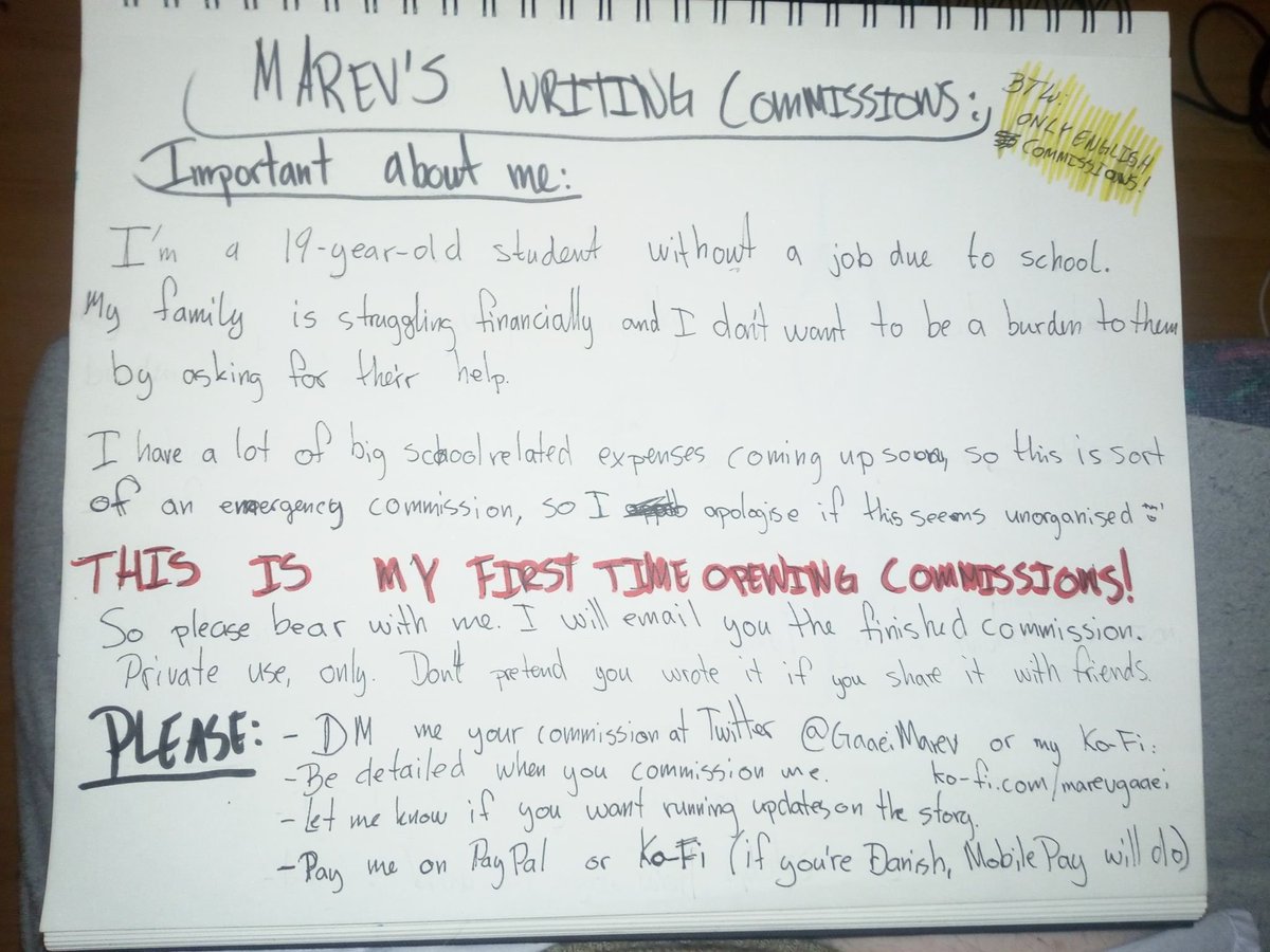 MidnightMarev's tweet photo. Okay gays, I'm doing this!! I'm opening up writing commissions!! For now, I'll only take 10, but depending on how many are interested, I'll open up for more.

Retweets are welcomed to boost it, as I desperately need this to work out right now 🥺💜 https://t.co/1PTNWVnUcM