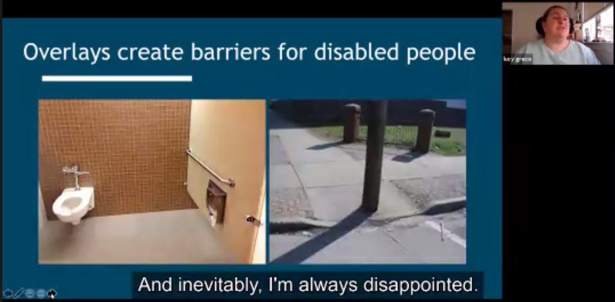 . @accessaces is sharing her experiences with accessibility overlays and toolbars. Very attention seeking! "Would you like to turn on accessibility features?" "Would you like me to read the screen?" "You're using a keyboard, do you want to use my special feature?" #A11yCamp