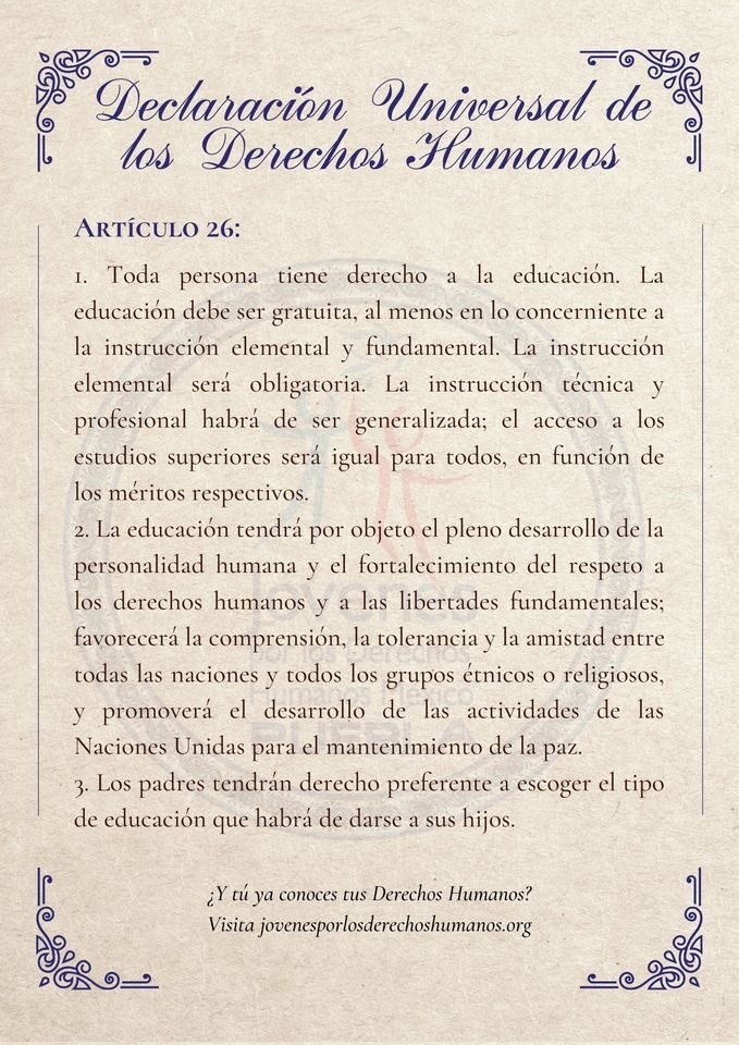 jdhPuebla's tweet photo. Les compartimos el artículo 26 de la Declaración Universal de los Derechos Humanos, en el que se establece que la educación elemental debería ser gratuita y tendrá por objeto el desarrollo de la personalidad humana. 

#30en30 #ConoceTusDerechos #Educación #DerechosHumanos https://t.co/EPynK7SosY