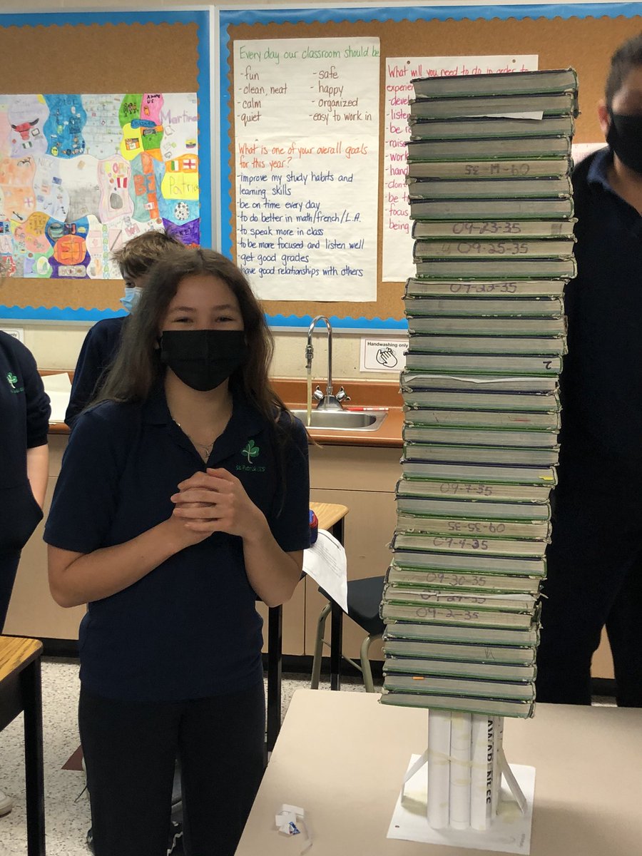 SchroedersGr8s's tweet photo. Today we tested Gr7 structures made of just paper and masking tape. Congrats to Amaraiah who claimed the record with 36 textbooks! #Sciencerocks #weranoutofbooks #rebarworks #futureengineers @StPatrickB https://t.co/Vh6xPc8EBj