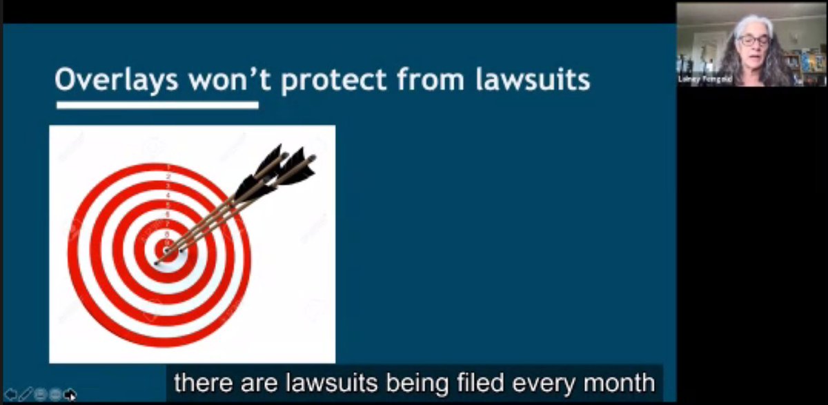 . @LFLegal is pointing out that one of the accessibility overlays' central advertising points is absolutely wrong."Overlays won't protect [your business / website] from lawsuits." @accessaces : "This is a protection racket" #A11yCamp
