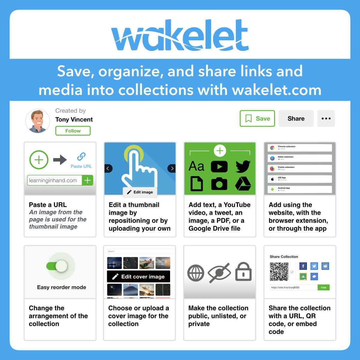 🌊 Bring together a bunch of links and media into collections with Wakelet. You can have private, unlisted, and public collections. 

I like using the browser extension for easy saving and sharing. #GaETC20

wakelet.com