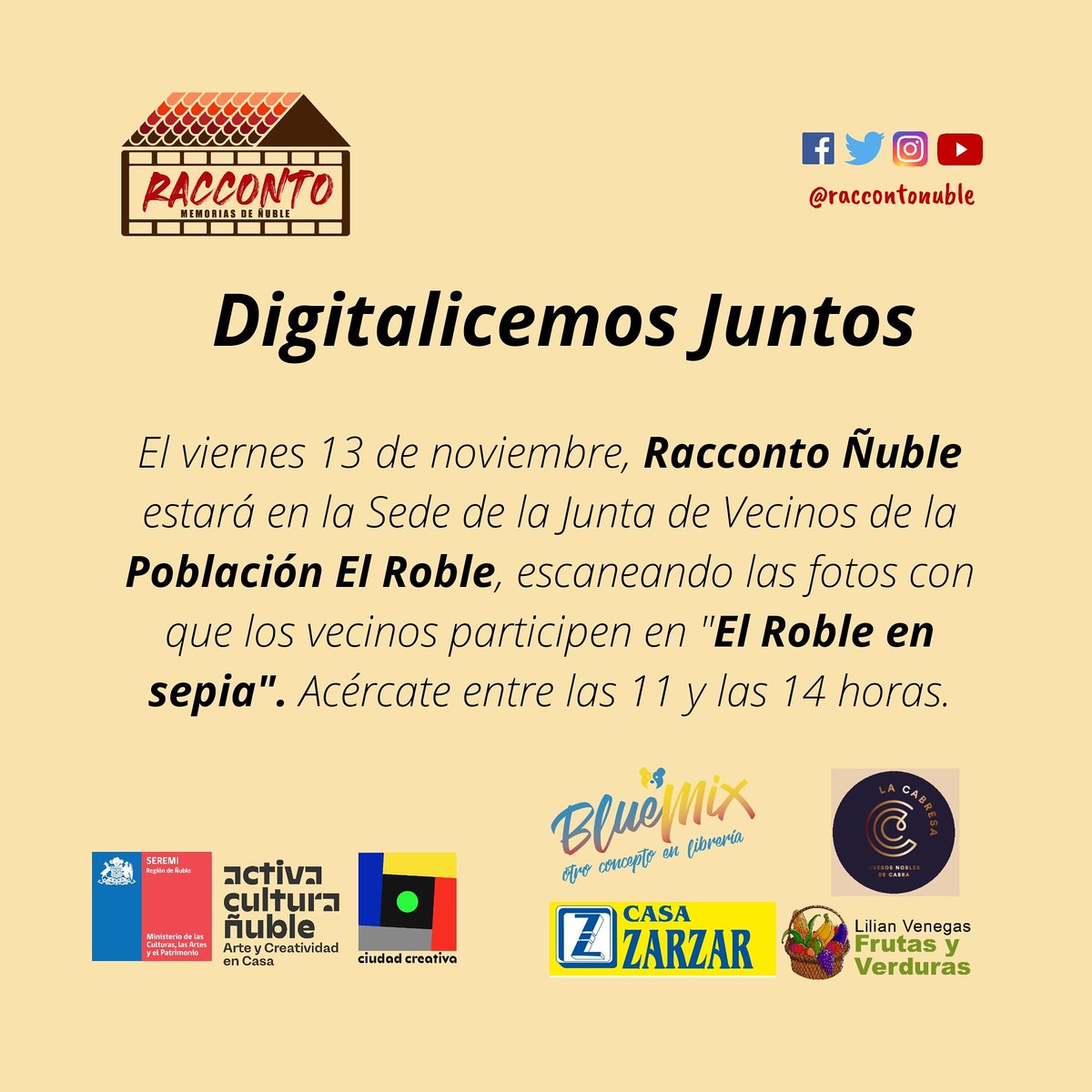 raccontonuble's tweet photo. No te pierdas mañana la oportunidad de digitalizar tus fotos análogas de Población El Roble. El equipo de @raccontonuble estará entre 11 y 14 horas, en la sede de la Junta de Vecinos. Será el último día hábil antes del fin del plazo de "El Roble en sepia".

¡Comparte este afiche! https://t.co/AJN205GSz5