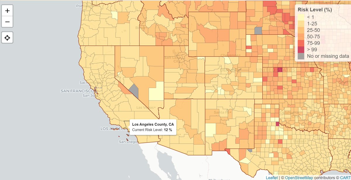 pgcornwell's tweet image. You chance of encountering someone with COVID-19 at a gathering of 10 people, by location:

NYC: 8%
Seattle/King County: 11%
Los Angeles: 12%
Chicago/Cook County: 39%
Norton County, KS: More than 99%

covid19risk.biosci.gatech.edu