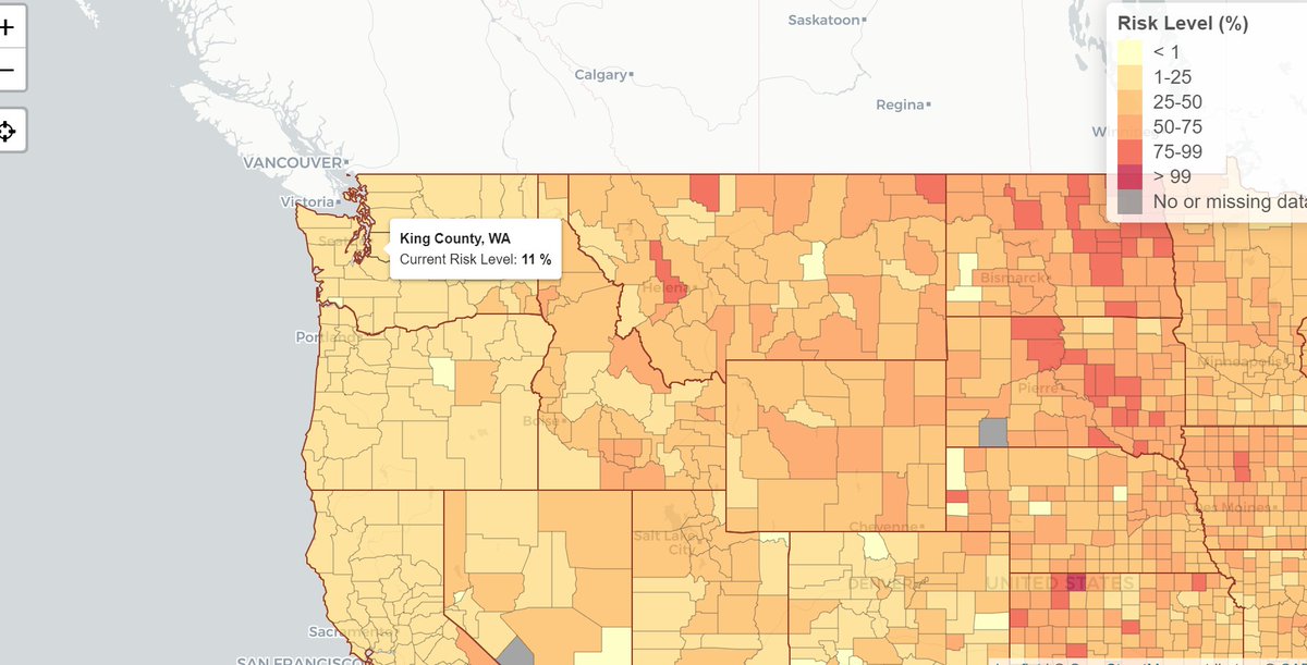 pgcornwell's tweet image. You chance of encountering someone with COVID-19 at a gathering of 10 people, by location:

NYC: 8%
Seattle/King County: 11%
Los Angeles: 12%
Chicago/Cook County: 39%
Norton County, KS: More than 99%

covid19risk.biosci.gatech.edu