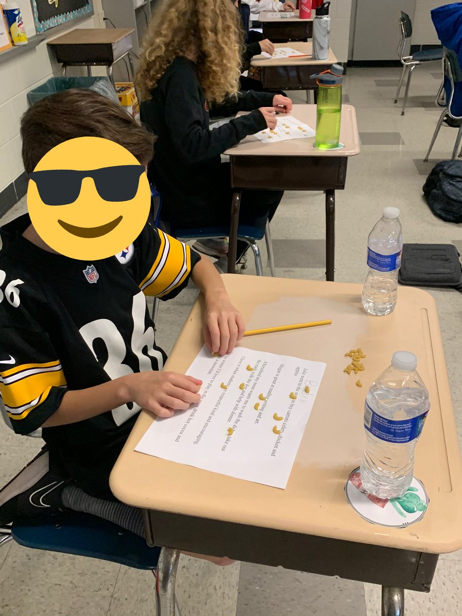 cbsruggiero's tweet photo. We turned our grammar lesson into a hands-on activity! Each student received his/her own noodles to use as commas in our mentor sentences. When they were finished, Ss were able to create their own sentences as well! Thanks for the inspiration @acarvalhocb 😁🍝 #CBProud https://t.co/TjRFmo7VVY