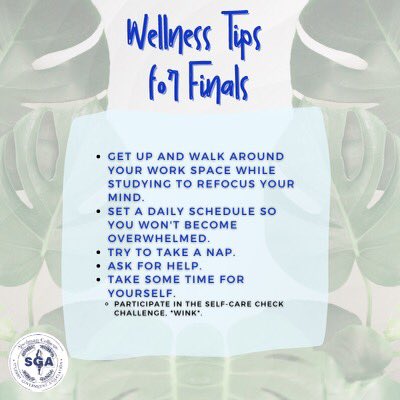 SpelmanSGA's tweet photo. Happy reading period everyone๐! We have some wellness tips to help keep you focused and healthy during finals. We wish you all good luck. Finish strong, we got thisโจ๐! #Redefined79 #StudentsLikeYou https://t.co/vgLEivL7UL