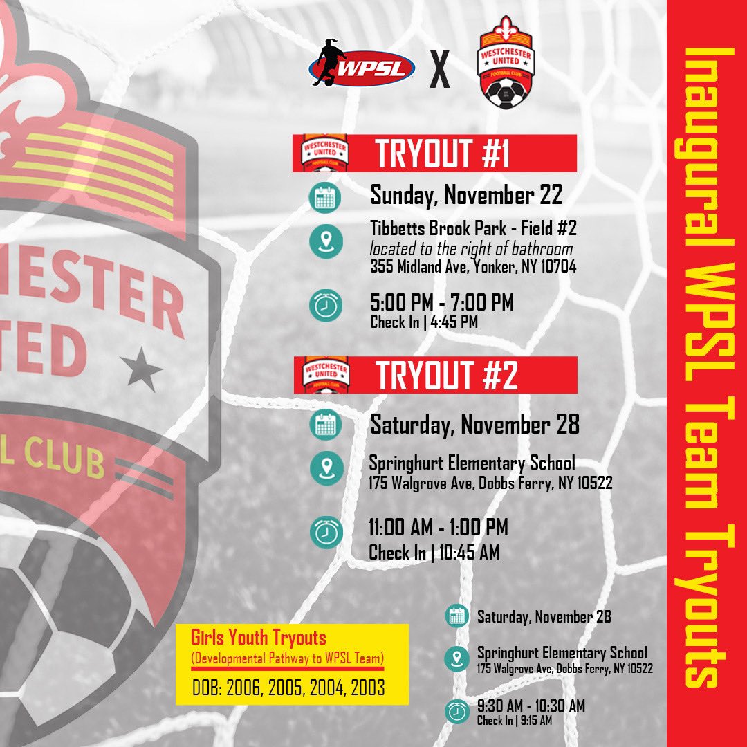 WestchesterUnitedFC (@gounitedfc) on Twitter photo Inaugural <a href="/WPSL/">Women’s Premier Soccer League</a> Team Tryouts dates announced! Register Today!!! <a href="/N12Sports/">News 12 Sports</a> <a href="/lohudsports/">lohud sports</a> <a href="/SienaWSoccer/">Siena Women's Soccer</a> <a href="/IonaWSOC/">Iona Women's Soccer</a> <a href="/FordhamWoSoc/">Fordham WoSoc</a> <a href="/JaspersWSOC/">Manhattan Women's Soccer</a> <a href="/MaristWSoccer/">Marist Women's Soccer</a> <a href="/jjwsocc/">John Jay Women’s Soccer</a> <a href="/nyuwomenssoccer/">NYU Women's Soccer</a> <a href="/TopDrawerSoccer/">TopDrawerSoccer</a> <a href="/SoccerToday_USA/">SoccerToday</a> <a href="/CCWomensSoccer/">CCWomensSoccer</a> <a href="/girlssoccernet/">Girls Soccer Network</a> Inaugural <a href="/WPSL/">Women’s Premier Soccer League</a> Team Tryouts dates announced! Register Today!!! <a href="/N12Sports/">News 12 Sports</a> <a href="/lohudsports/">lohud sports</a> <a href="/SienaWSoccer/">Siena Women's Soccer</a> <a href="/IonaWSOC/">Iona Women's Soccer</a> <a href="/FordhamWoSoc/">Fordham WoSoc</a> <a href="/JaspersWSOC/">Manhattan Women's Soccer</a> <a href="/MaristWSoccer/">Marist Women's Soccer</a> <a href="/jjwsocc/">John Jay Women’s Soccer</a> <a href="/nyuwomenssoccer/">NYU Women's Soccer</a> <a href="/TopDrawerSoccer/">TopDrawerSoccer</a> <a href="/SoccerToday_USA/">SoccerToday</a> <a href="/CCWomensSoccer/">CCWomensSoccer</a> <a href="/girlssoccernet/">Girls Soccer Network</a>