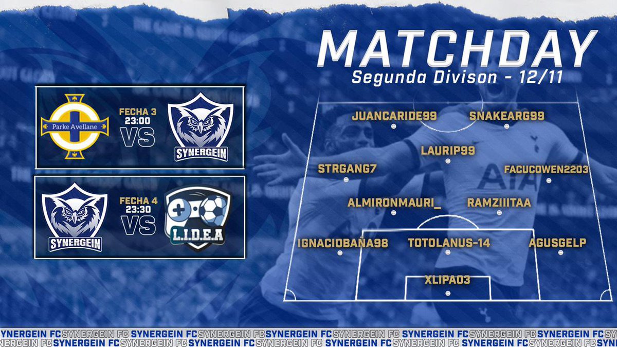 #Synergein | #SegundaDivision  

🗓️FECHA 3
🕚23:00
🆚<a href="/parke_avellane/">Parke Avellane</a> 

🗓️FECHA 4
🕚23:30
🆚 <a href="/LIDEAFC/">LIDEA FC</a> 

📺 Twitch.tv/synergeinfc

#VamoSynergein 🦉
