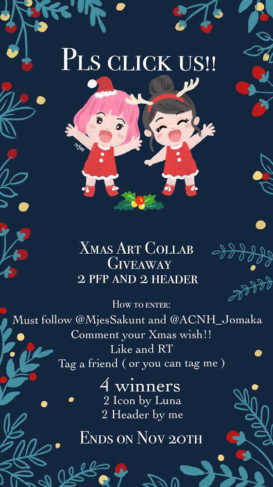 mjesart's tweet photo. 🎄Early Christmas Art Collab GA🎄
4 Winner will get 2 Pfp and 2 header 

RULES:
Comment your Xmas wish!!
Must Follow me and @ACNH_Jomaka
Like and RT 
Tag your friends

Ends on Nov 20th.
Good luck Everyone. 🎉
#ACNHgiveaway, #ACNHgiveaways #AnimalCrossingNewHorizons https://t.co/HFx16MMG62