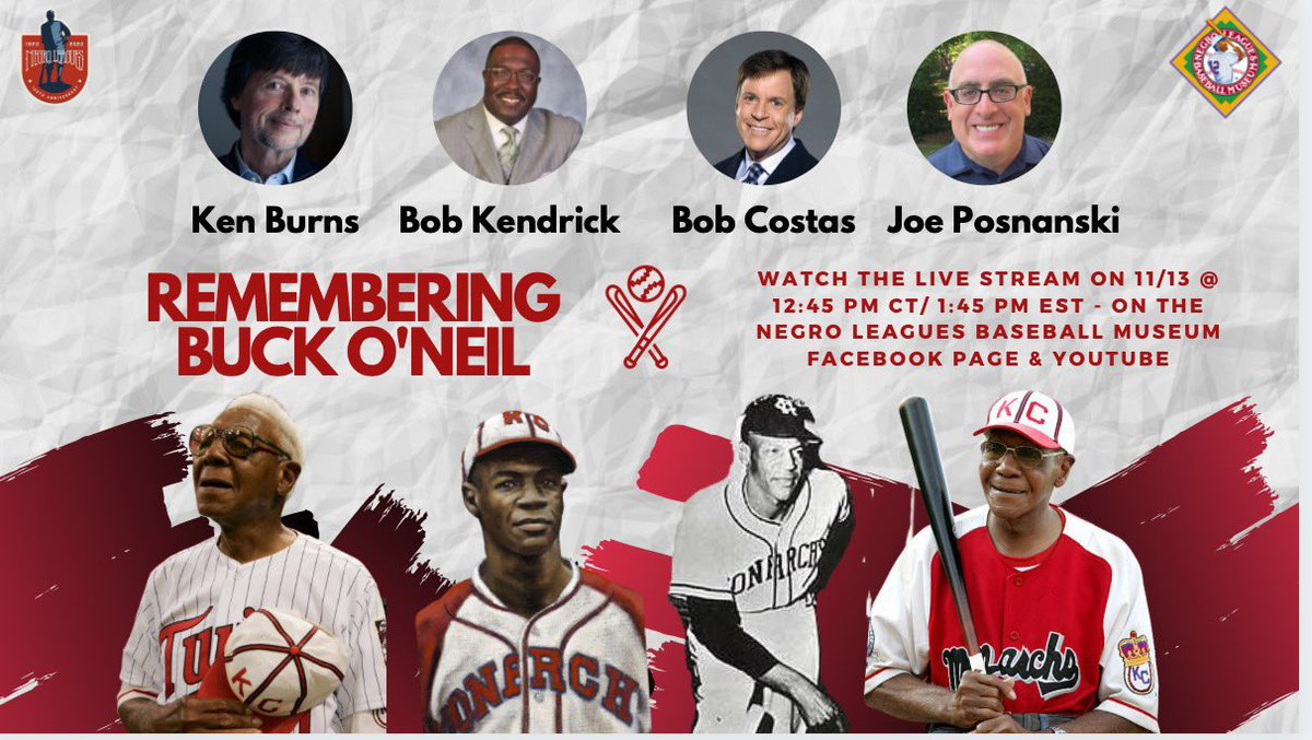 NLBMuseumKC's tweet photo. Thrilled to announce a star-studded live streamed conversation in remembrance &amp; celebration of baseball legend, Buck O’Neil. Buck’s closest friends including Award-Winning Ken Burns, Legendary Bob Costas, NLBM President, Bob Kendrick, Senior @TheAthletic Writer Joe Posnanski. https://t.co/ik6m7Vh6ur