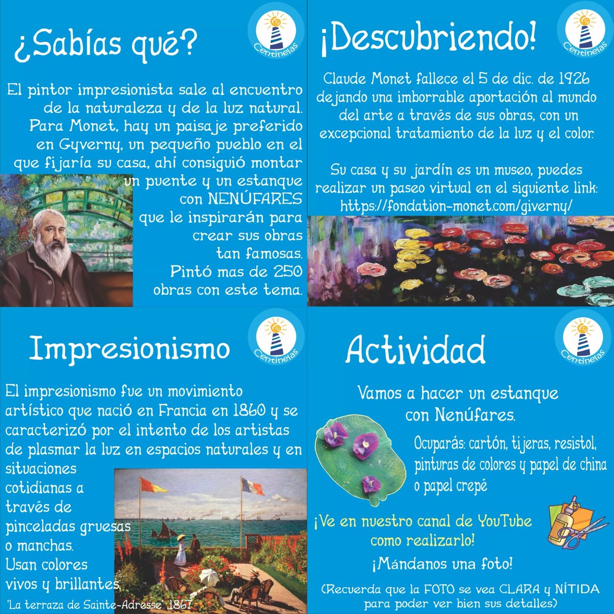 centinelasmty's tweet photo. Conoce a Claud Monet y el Impresionismo en nuestro #RetoCentinelas

#arte #claudemonet #impresionismo 
#AprenderDesdeCasa 
@cultura_mx @SEP_mx https://t.co/JgaYi7iZUw