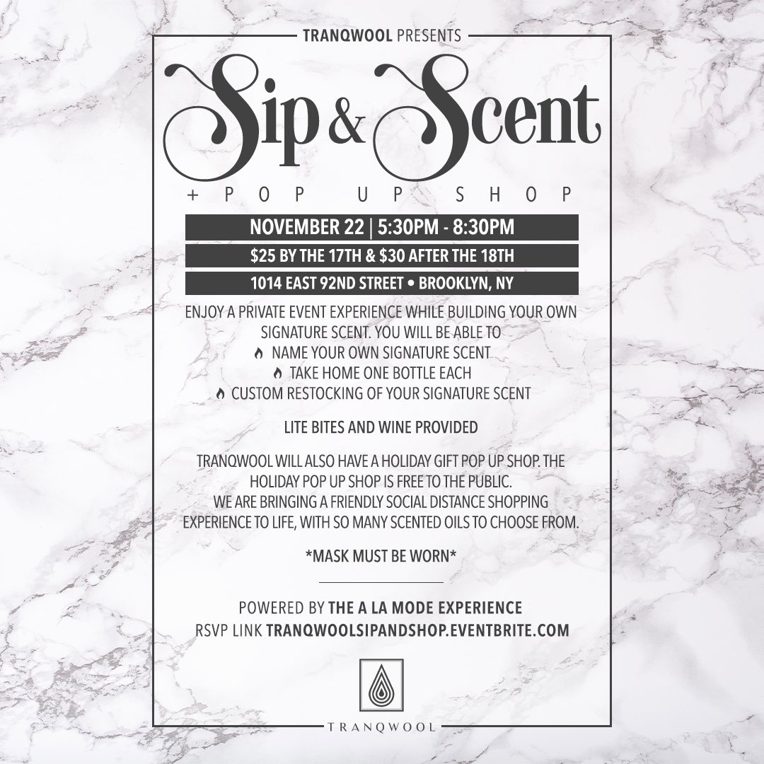 tranqwool's tweet photo. It’s been a long time coming. Tranqwool Sip and Scent + pop up shop !! Come out to have a bites and wine and purchase your gifts for the holidays. https://t.co/K1hzxzSjCr