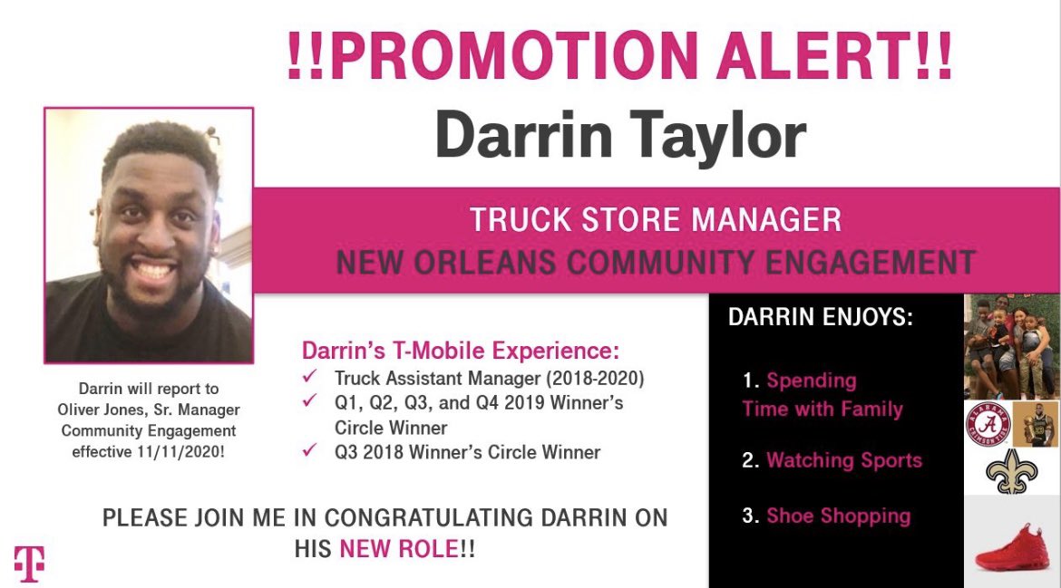 🚨 PROMOTION ALERT 🚨 Y’all join me in congratulating Darrin Taylor for his new role as @TMobileTruckNOL TSM!!! Darrin brings incredible #UnCarrier experience and energy to this new leadership role! So watch out VZW and ATT - you ain’t gonna know what hits ya!! @TraceyNielsen99