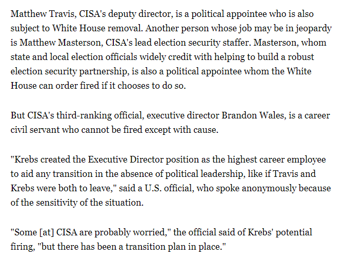 More new info from our updated story about Krebs possibly being fired by the WH:He and his deputy can be fired at will, but he created the 3rd-ranking career position of exec director to deal with a situation like this, a U.S. official tells me. https://www.politico.com/news/2020/11/12/cyber-official-chris-krebs-likely-out-436342