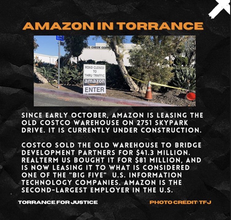 TorranceJustice's tweet photo. ‼️Amazon is coming to Torrance‼️
Big businesses lead to the harm and exploitation. We’ve compiled information about why this will harm our Torrance and South Bay community members, especially BIPOC working-class folks. https://t.co/mZH4QBKzl1