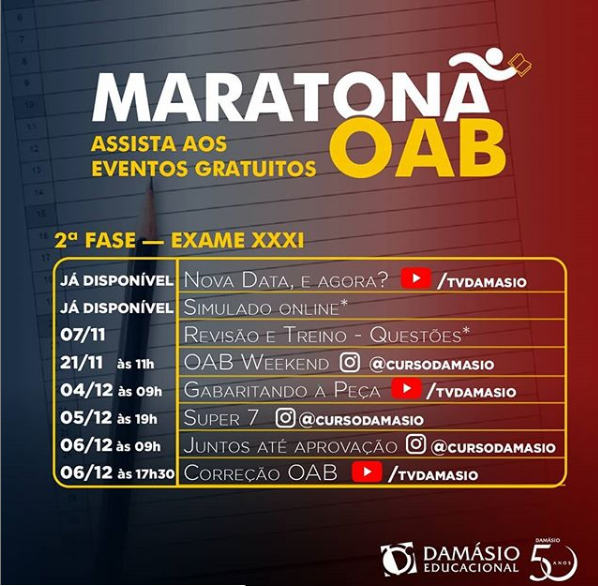 damasioaracatub's tweet photo. Maratona OAB, uma agenda recheada de revisões gratuitas que vão auxiliar muito em sua preparação para a prova do fim do ano.
Reserve as datas em seu calendário e venha participar.
#Informações: 991418872
#Araçatuba #Birigui #oab #advogado #advogada #examedeordem #oab2fase https://t.co/SYNVY9xxP5
