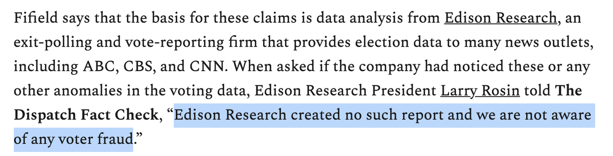 Both stories refer to OANN's claim about "data obtained from Edison Research" as the basis for the allegations of voter fraud, which is true. The problem, though, is the origin of the data from Edison. Neither the reporters nor Edison know what data's being referenced. But I do.