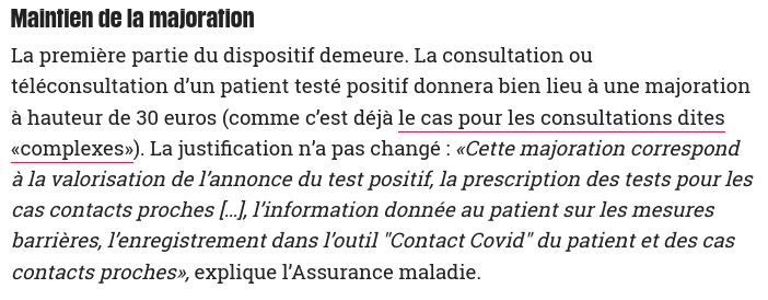 (4.0/10) rémunération des médecins : d'après  #CheckNews itself (), "La consultation ou téléconsultation d’un patient testé positif donnera bien lieu à une majoration à hauteur de 30 euros "Source :  https://www.liberation.fr/checknews/2020/05/12/covid-19-finalement-les-medecins-ne-beneficieront-pas-d-une-prime-au-signalement-des-cas-contacts_1788014