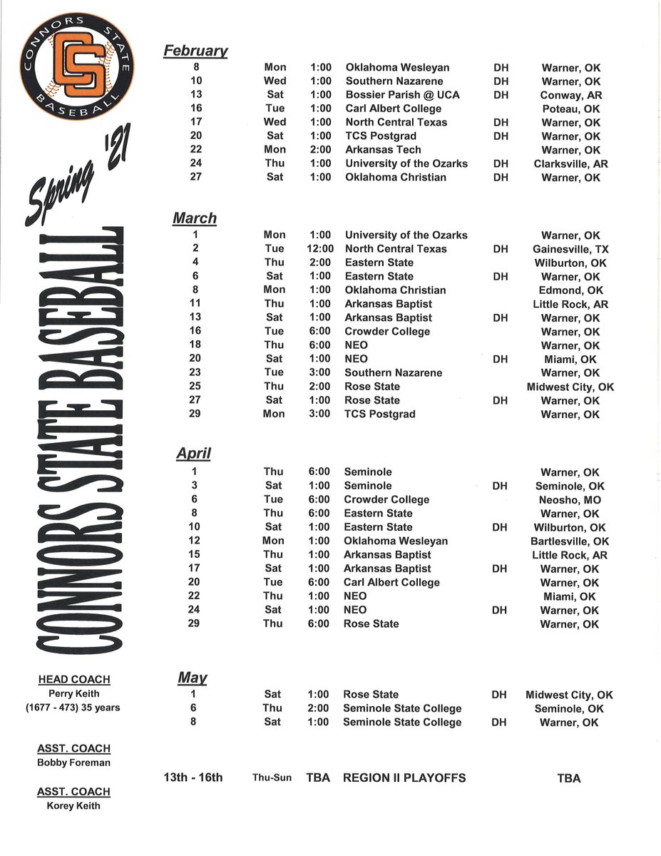 ConnorsBaseball's tweet photo. The Cowboys released their 2021 56 game spring schedule today. The Cowboys will play 32 of those games at beautiful Biff Thompson Field at Perry Keith Park and 2 at a neutral site while playing 22 games on the road. The Cowboys will open up Feb 8th at home. #NJCAA @connorsstate https://t.co/UUW4u8ayyP