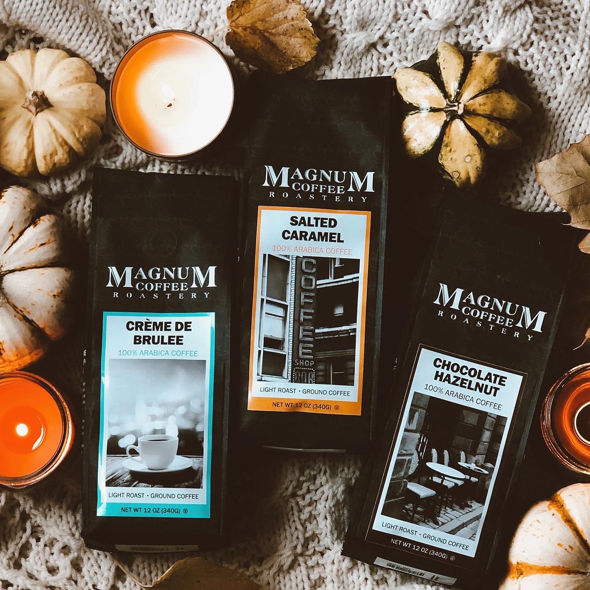 Warm + cozy is the name of our #FallCoffee game! Shop these flavors and more. 🍂 Link in bio. #TasteFall #TasteoftheExotic #MagnumCoffeeRoastery #flavoredcoffee #fallcoffee #seasonalcoffee #fallflavors #specialty #gourmet #MagnumCoffee #roaster #packaging