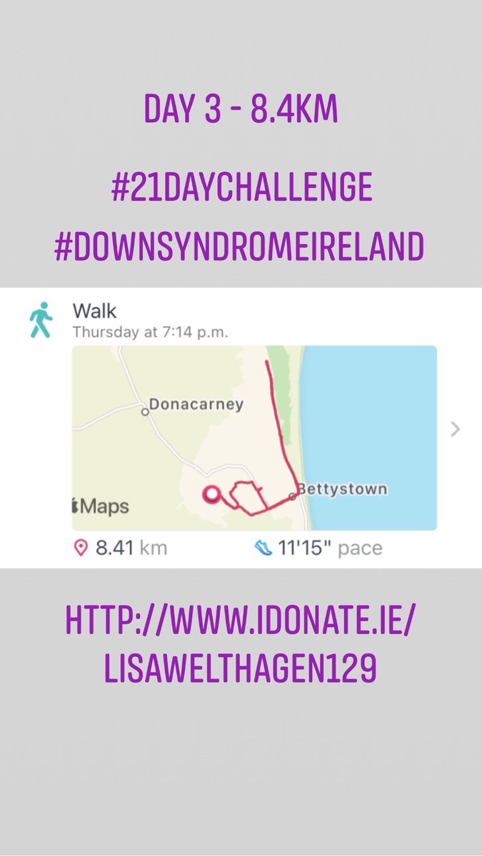 LisaWelthagen's tweet photo. Day 3 of 21! 16.4 km done - 83.6 km to go ....  Please support @DownSyndromeIRL by clicking link and donating https://t.co/GwyNvFh1LU #ShareTheJourney #21DayChallenge #DownSyndrome #DownSyndromeIreland https://t.co/I2mDLOcRVg